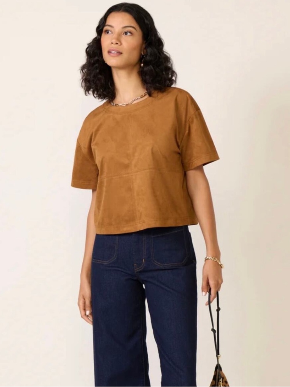 Evereve “Kimberly” Faux Suede Boxy Top in Camel Brown
